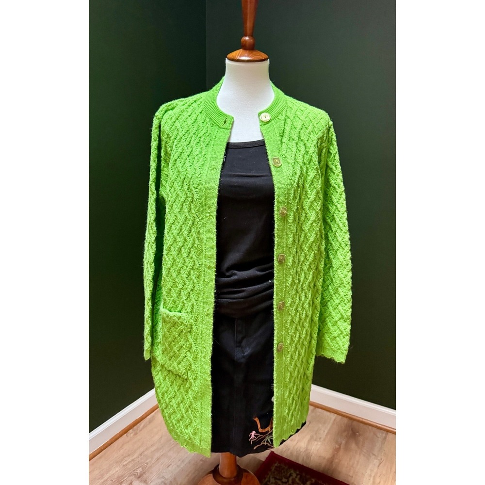 Hand Knit Cardigan Sweater Longline Textured‎ Pockets Green Womens